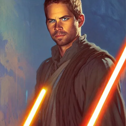 Prompt: Paul Walker as a jedi by Stanley Artgerm Lau, greg rutkowski, thomas kindkade, alphonse mucha, loish, norman Rockwel