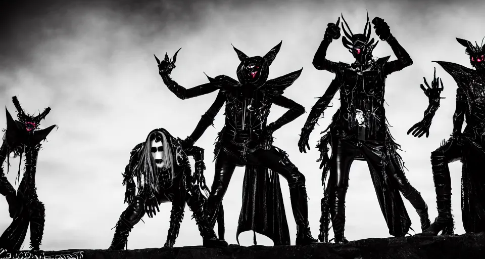 Image similar to Photography of a rock black cyber metal post human group with costumes inspired by insects