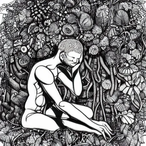 Image similar to botanical sketch of a cybernetic The thinker sculpture with mushrooms and peyote at the base, surrounded by a lush jungle and vines, high detail, b&w,