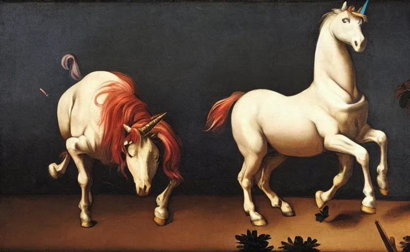 Image similar to a unicorn walking on a rainbow in the style of Caravaggio