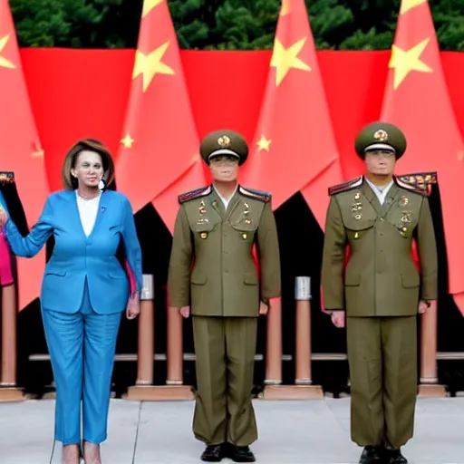 Image similar to Pelosi and Trump wore Chinese military uniforms and saluted under the Chinese flag.