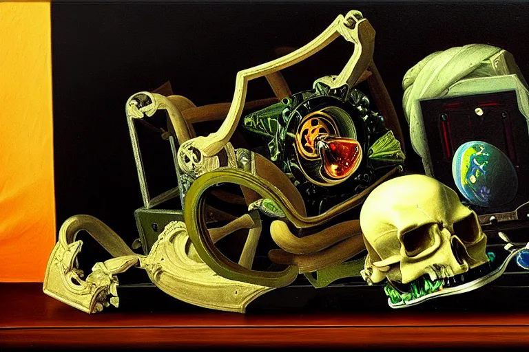 Image similar to a vanitas painting depicting an NVIDIA RTX A100 GPU, graphics card