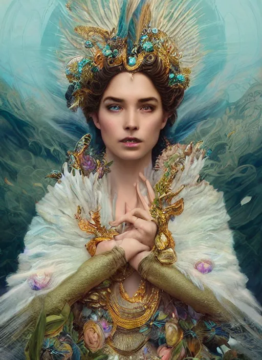 Prompt: real photoshoot goddess of oceans, wearing a feathered cloak and a fancy silk floral dress, ornate, ultra realistic, concept art, intricate details, eerie, highly detailed, photorealistic, octane render, 8 k, unreal engine. art by artgerm and greg rutkowski and charlie bowater and magali villeneuve and alphonse mucha