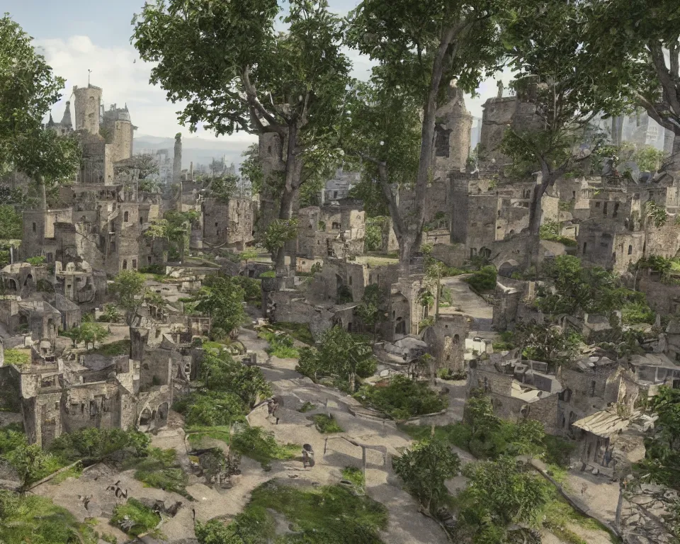 Prompt: medieval fae city, built into trees and stone, street view, unreal engine, hyperrealism