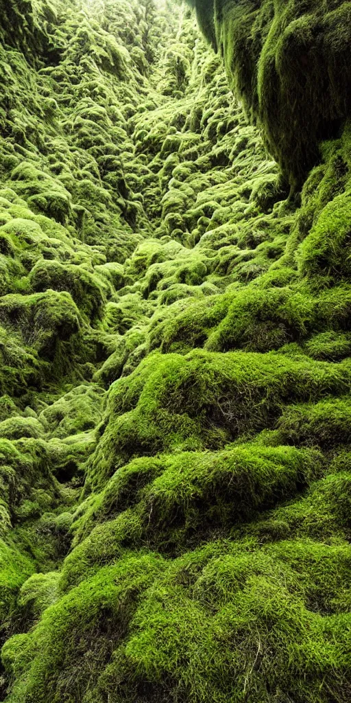 Image similar to a fertile, lush mossy canyon, minimalist structure, covered in ice, in the style of reuben wu, roger deakins