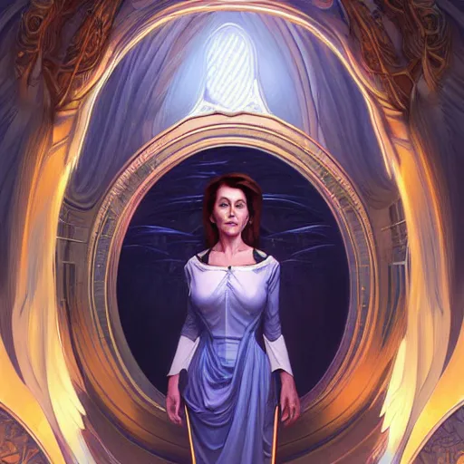 Image similar to Nancy Pelosi is a alien princess, cinematic lighting, intricate, elegant, highly detailed, digital painting, artstation, sharp focus, illustration, art by artgerm and greg rutkowski and alphonse mucha and Wayne Barlowe and william-adolphe bouguereau