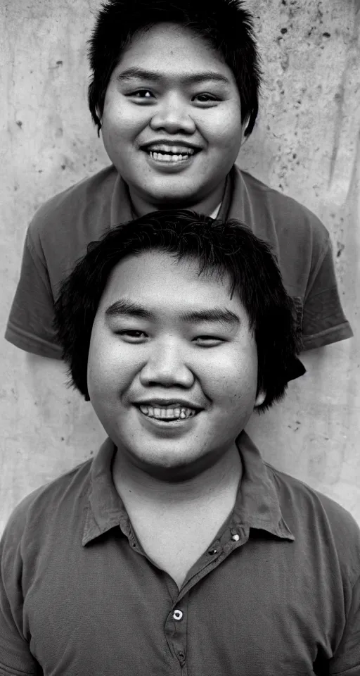 Image similar to close up photograph of just one single fat filipino teenage man smiling with crooked teeth, a curly perm, peach fuzz mustache, small studded earings, 4 k, photorealistic, high detail by yousuf karsh