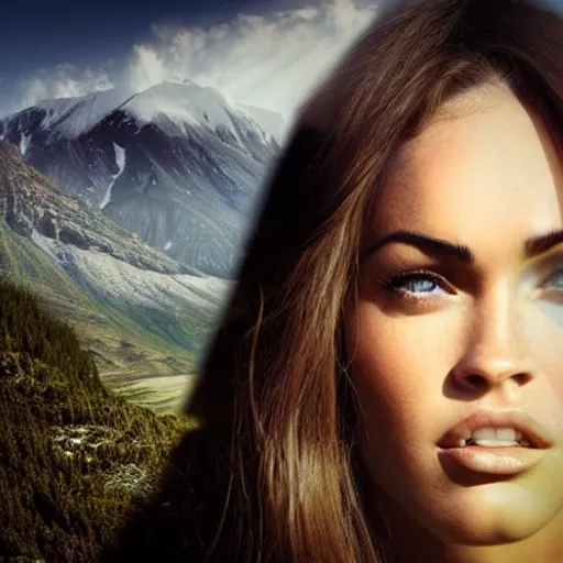 Image similar to double - exposure effect of megan fox face and beautiful mountains, in the style of dan mountford, amazing detail