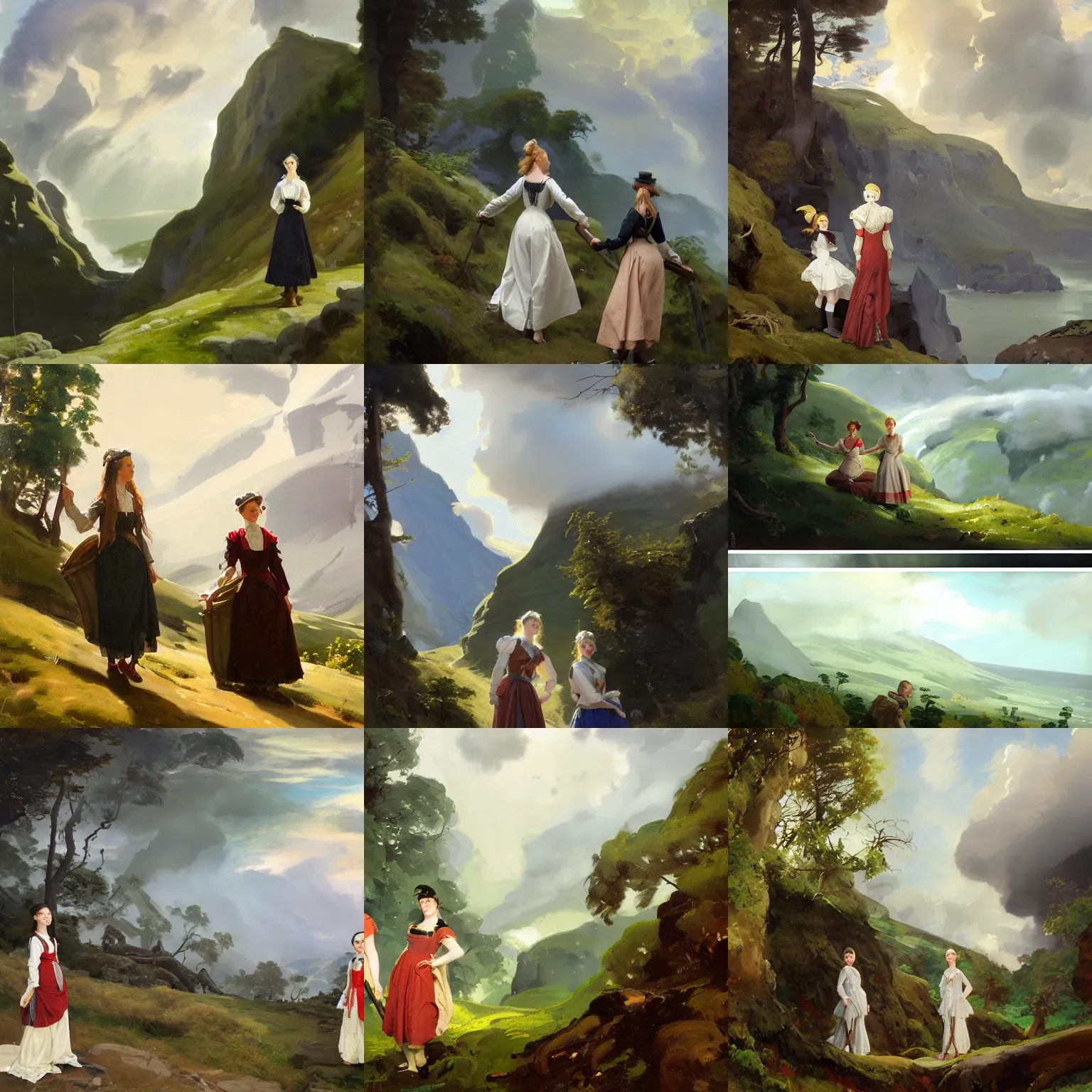 Prompt: two scandinavian attractive young women wearing 1 8 th century dress, painting by sargent and leyendecker and greg hildebrandt savrasov levitan polenov, studio ghibly style mononoke, huge old ruins, middle earth above the layered low clouds road between forests trees faroe azores overcast storm masterpiece