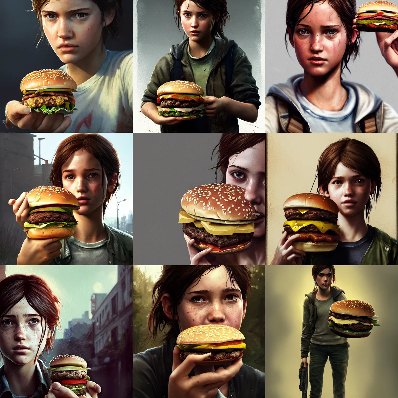 Prompt: Ellie from the Last of Us holding a Big Mac burger in her hands, digital portrait by Greg Rutkowski, intricate, sharp focus, cinematic, epic, artstation