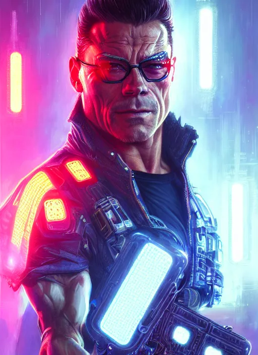 Prompt: van damme as cyberpunk raider, intricate, elegant, glowing lights, highly detailed, digital painting, artstation, glamor pose, concept art, smooth, sharp focus, illustration, art by artgerm and greg rutkowski, artey freytag