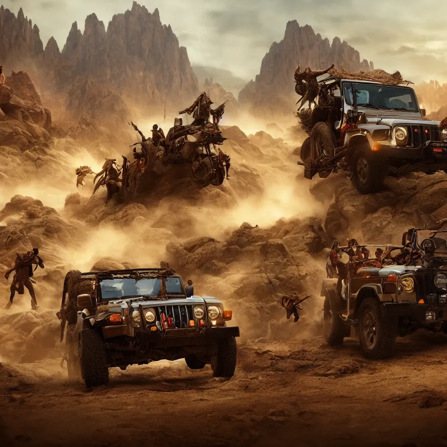 Image similar to Mahindra thar, tribe members attacking, action scene, an epic fantasy, dramatic lighting, cinematic, establishing shot, extremely high detail, photorealistic, cinematic lighting, artstation, by christopher nolan, horizon forbidden west