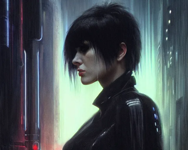 Image similar to a 4 k cinematic screenshot still portrait of joan jett in bladerunner, deep focus, d & d, fantasy, intricate, elegant, highly detailed, digital painting, artstation, concept art, matte, sharp focus, illustration, dark fantasy style art, hearthstone, art by artgerm and greg rutkowski and alphonse mucha