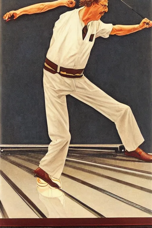 Image similar to The Dude from the movie The big Lebowski playing bowling painted by Norman Rockwell