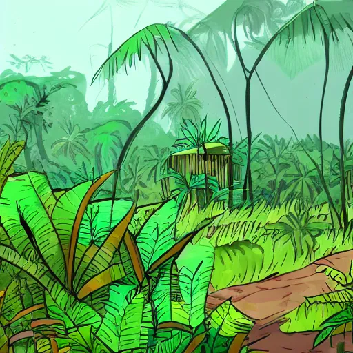 Prompt: a jungle with some abandoned/overgrown buildings