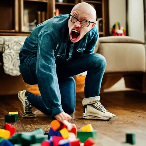 Image similar to the real life version of the Munch Scream of a man after stepping over some painful lego, still from a local magazine, high quality photography,