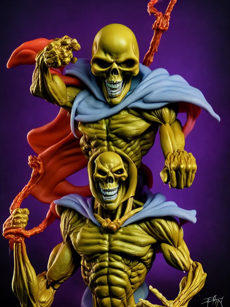 Image similar to hyperrealistic rendering, skeletor by art of skinner and richard corben and jeff easley, product photography, action figure, sofubi, studio lighting, colored gels