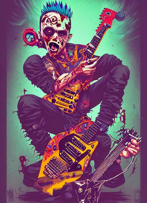 Image similar to a zombie punk rocker with a mohawk playing electric guitar, tristan eaton, victo ngai, artgerm, rhads, ross draws, cinematic by francis tneh