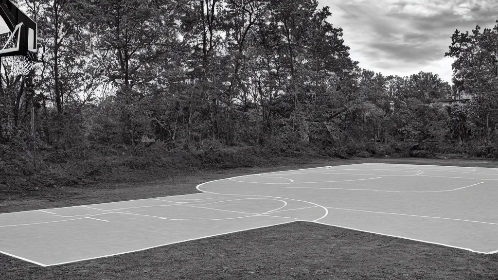 Image similar to a photograph of an empty basketball court in a scenic location, in the styles of sports illustrated, a nike advertisement, and ansel adams. intricate, hyperrealistic, monochrome hdr