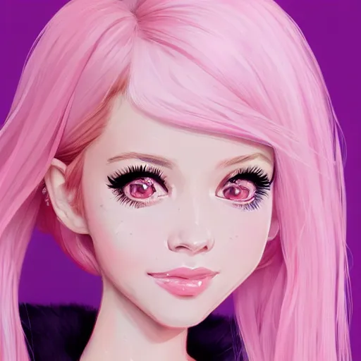 Image similar to belle delphine with pastel pink hair and shiny brown eyes, elegant, ultra highly detailed, digital painting, smooth, sharp focus, artstation, art by Ilya Kuvshinov