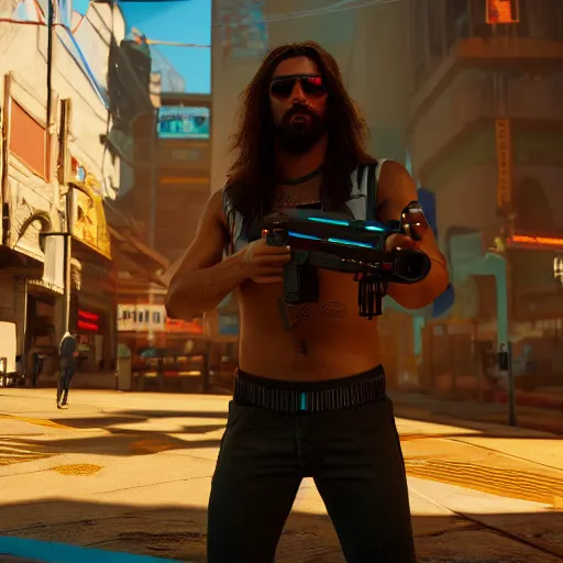 Prompt: Jesus in Cyberpunk 2077 with a pistol, concept art, unreal engine, 4k render, global illumination, blender, cycles, featured on artstation, pixiv