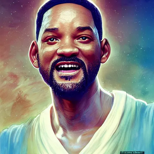 Prompt: portrait of will smith as jesus, au naturel, hyper detailed, digital art, trending in artstation, cinematic lighting, studio quality, smooth render, unreal engine 5 rendered, octane rendered, art style by klimt and nixeu and ian sprigger and wlop and krenz cushart.
