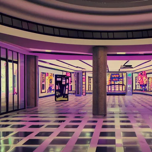 Image similar to vaporwave 9 0 s dreamy empty shopping mall, arcade storefront, highly detailed, 3 d render, vray, octane, realistic lighting, photorealistic