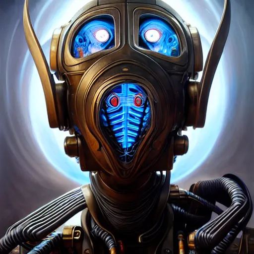 Image similar to front shot of a cyberpunk gazmask robot character, intricate, elegant, highly detailed, centered, digital painting, artstation, concept art, smooth, sharp focus, illustration, artgerm, Tomasz Alen Kopera, Peter Mohrbacher, donato giancola, Joseph Christian Leyendecker, WLOP, Boris Vallejo