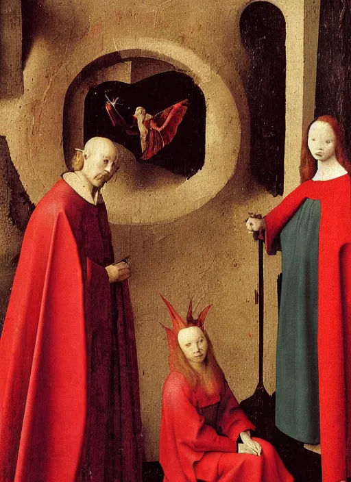 Image similar to fallen angels dressed in red with wings by Jan van Eyck, Hieronymus Bosch, Johannes Vermeer 4k post-processing, highly detailed medieval painting