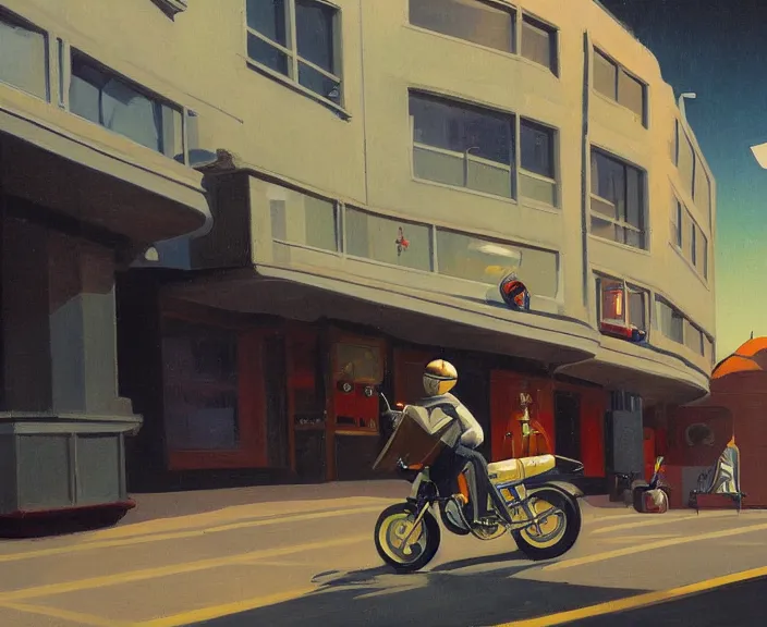 Image similar to a very detailed painting of a astronaut wearing a suit, riding a motorbike down a street, harley davidson motorbike, worm's - eye view, very fine brush strokes, very aesthetic, very futuristic, in the style of edward hopper and grant wood and syd mead, 4 k,