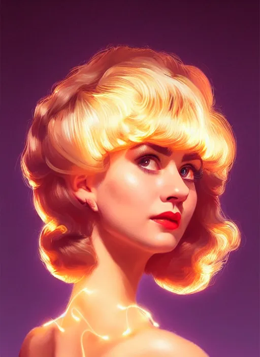 Image similar to portrait of betty cooper with fluffy bangs, bangs, 1 9 6 0 s, ponytail, curly bangs and ponytail, rounder face, intricate, elegant, glowing lights, highly detailed, digital painting, artstation, concept art, smooth, sharp focus, illustration, art by wlop, mars ravelo and greg rutkowski