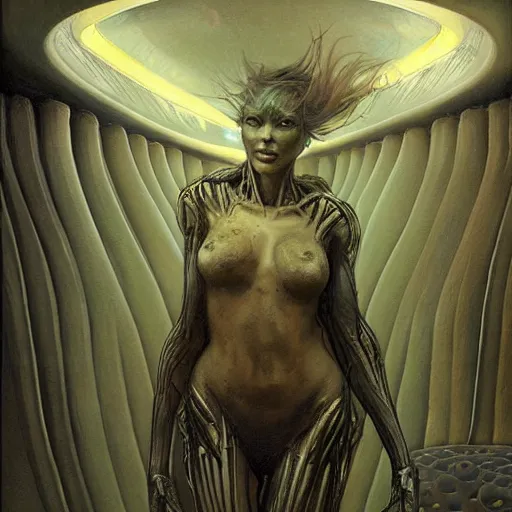 Image similar to epic masterpiece full body portrait a beautiful woman, with a beautiful face and flawless skin, lounging inside a spaceship designed by H.R. Giger, dark background, eerie fog, by Edgar Maxence and Ross Tran and Michael Whelan