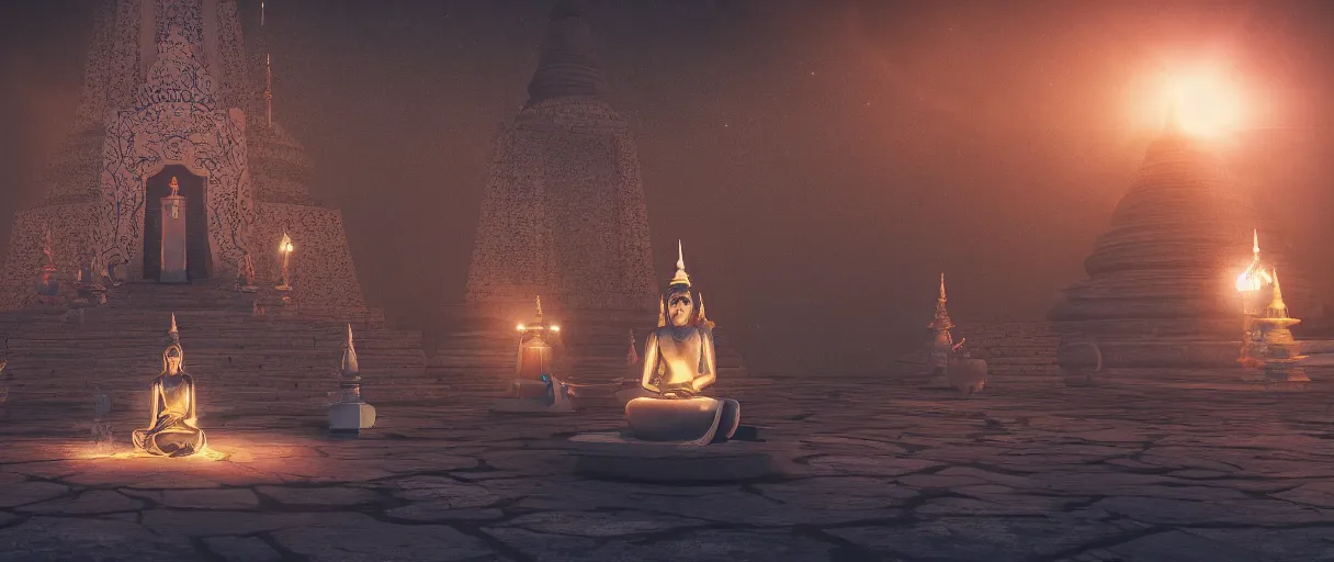 Image similar to ' witches meditating near buddhist stupa, high - tech space cult, dramatic lighting, epic, octane render, volumetric light, unreal engine, artbreeder, 8 k, background, scene, digital, artwork, high quality, 8 k''