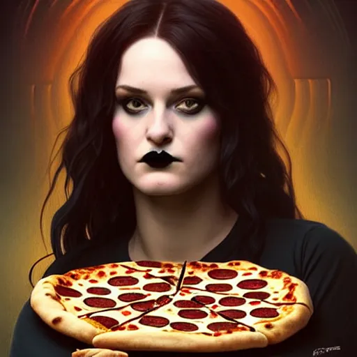 Image similar to portrait of teenage goth wynonna ryder flipping a pizza in the air in a dominos pizza, intricate, headshot, highly detailed, digital painting, artstation, concept art, sharp focus, cinematic lighting, illustration, art by artgerm and greg rutkowski, alphonse mucha, cgsociety