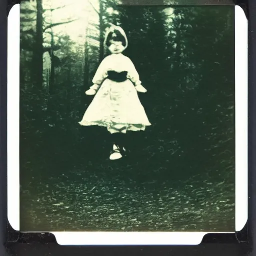 Image similar to Polaroid photo of a distant ominously glowing Victorian child floating ten feet above the ground in a thick forest