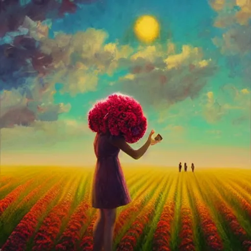 Prompt: head made of carnations, girl standing in a vast flower field, holding flowers, surreal photography, sunrise dramatic light, impressionist painting, colorful clouds, large sky, digital painting, artstation, simon stalenhag, flower face