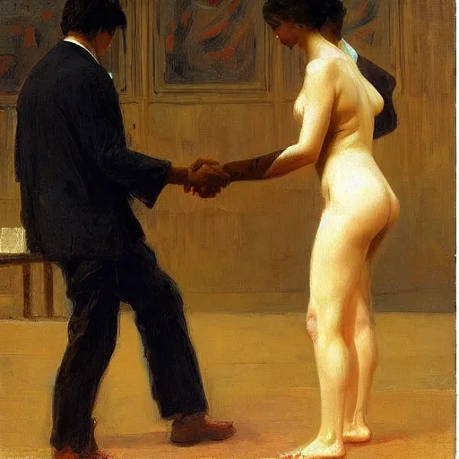 Prompt: Shaking hands, vertical symmetry, close up shot, detailed hands, beautiful moody artwork by Ilya Repin and Asher Duran