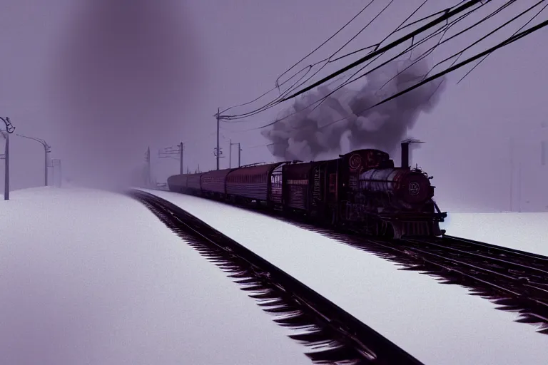 Prompt: an old locomotive rushing through snow storm in high speed, white steam on the side, dark smoke with fire! from the pipes, dynamic angled shot, speed lines, fire particles and snowflakes everywhere, 8 k, hyperrealistic, ultra sharp, octane render, unreal engine, artstation, very detailed, 1 6 k, eerie moon eclipse cinematic scenery
