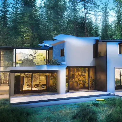 Prompt: a 4 k photo, raytracing, hyper realistic photo with a modern villa in the middle of the dark forest.