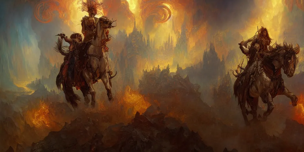 Prompt: a beautifull intricate painting of riders of the apocalypse, hell on fire in the background, reflexions, verry high details by william turner art, greg rutkowski and alphonse mucha, trending on artstation, very very detailed, masterpiece, vibrant colors