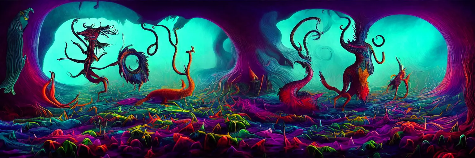 Image similar to microscopic mythical creatures from the depths of the collective unconscious, dramatic lighting with shallow dof, surreal darkly colorful painting by ronny khalil