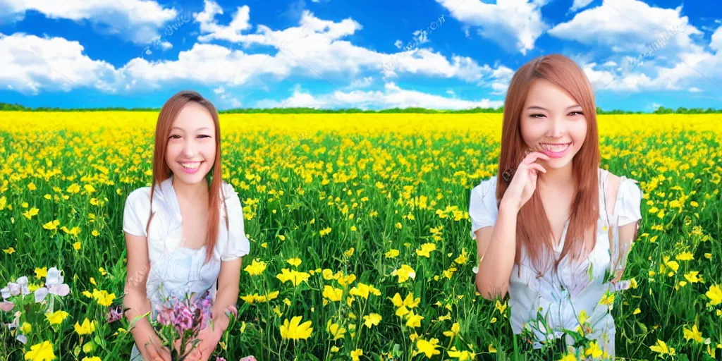 Prompt: smiling anime girl in the middle of a flower field, clouds, landscape view, beautiful