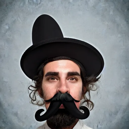 Prompt: man with large swirly black moustache, giant nose, sailors hat, portrait, real life photo