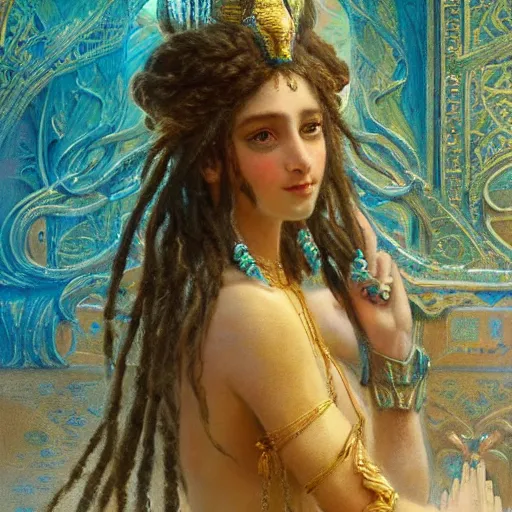 Image similar to artstation, intricate detail, by gaston bussiere, tan skin, lady of elche, egyptian sumerian features, techno mystic dominatrix goddess intergalactica, inanna with aqua neon rapunzel dreadlocks,