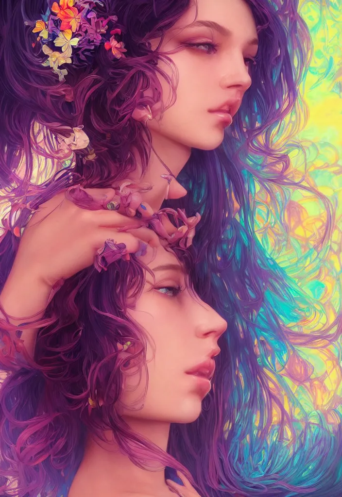 Image similar to beautiful, young woman, detailed gorgeous face, vaporwave aesthetic, synthwave, colorful, psychedelic, artstation, concept art, smooth, extremely sharp detail, finely tuned detail, ultra high definition, 8 k, unreal engine 5, ultra sharp focus, illustration, art by mary dimova, artgerm, greg rutkowski and alphonse mucha