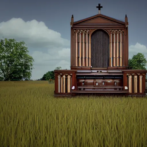 Image similar to a large church organ in a field, trending on artstation, render, 3 d, octane, 4 k, 8 k, unreal engine, cinema 4 d