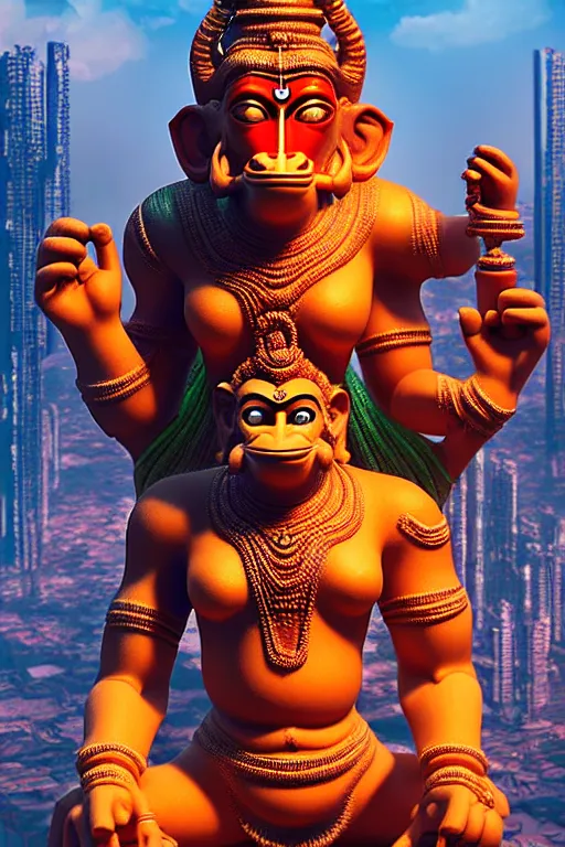 Image similar to high quality 3 d cyberpunk biomorphic hanuman! head building in the middle of mumbai!!, kalighat highly detailed, cinematic smooth, stephen shore & john j. park, soft morning light, wide shot, high angle, uhd 8 k, sharp focus