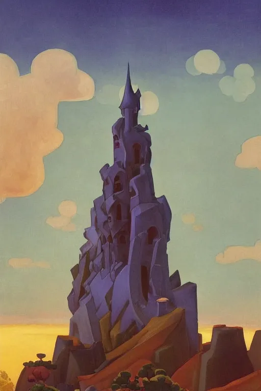 Prompt: view of the wizard's tower in its gardens after a storm, tall windows lit up, beautiful ornamental architecture, dramatic cinematic lighting, rich colors, by Nicholas Roerich and William Dyce and April Gornik and Sylvain Sarrailh and Ludwig Deutsch and Diego Rivera, featured on artstation