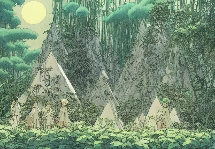 Image similar to a movie still from a studio ghibli film showing several large white pyramids in a swampy jungle. by studio ghibli, rebecca guay, michael kaluta, charles vess