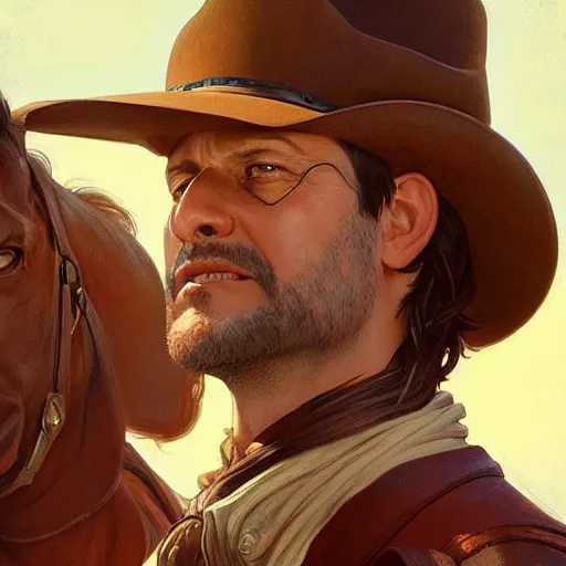 Image similar to Leo Varadkar as a cowboy, highly detailed, digital painting, cgsociety, concept art, sharp focus, illustration, art by artgerm and greg rutkowski and alphonse mucha,